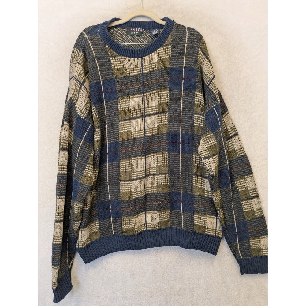 Trader Bay Sweater Men's XL Blue Plaid Crewneck Long Sleeve Textured Knit USA